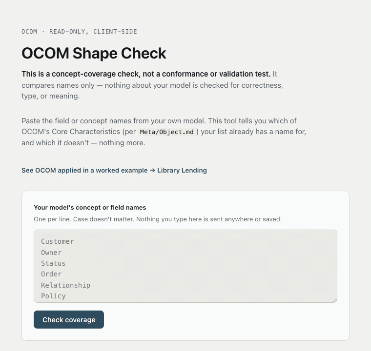 Pasting a model's field names into OCOM Shape Check, running the coverage check, and reviewing the Required/Optional result with a link out to the OCOM vocabulary